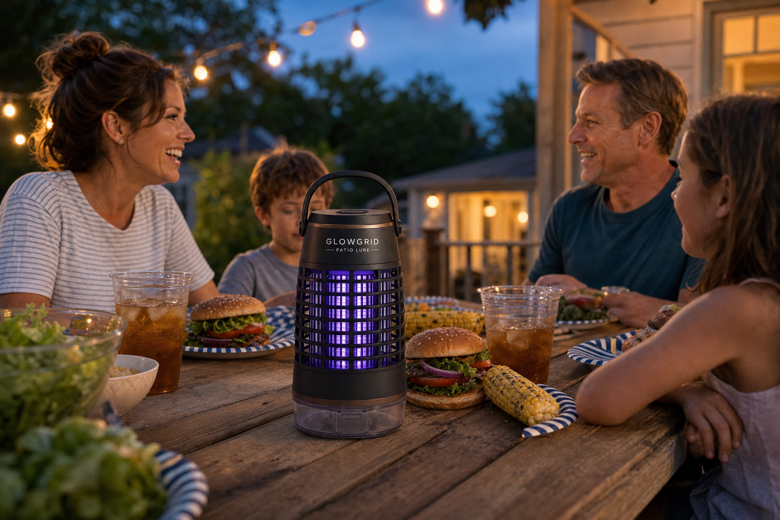 GlowGrid lantern glowing on a backyard picnic table at dusk